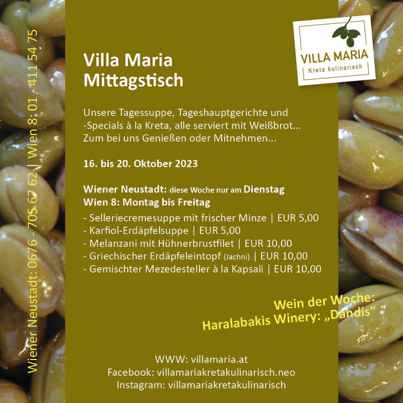 Diese Woche am Mittagstisch von Villa Maria | Kreta kulinarisch in Wien 8 und Wiener Neustadt…